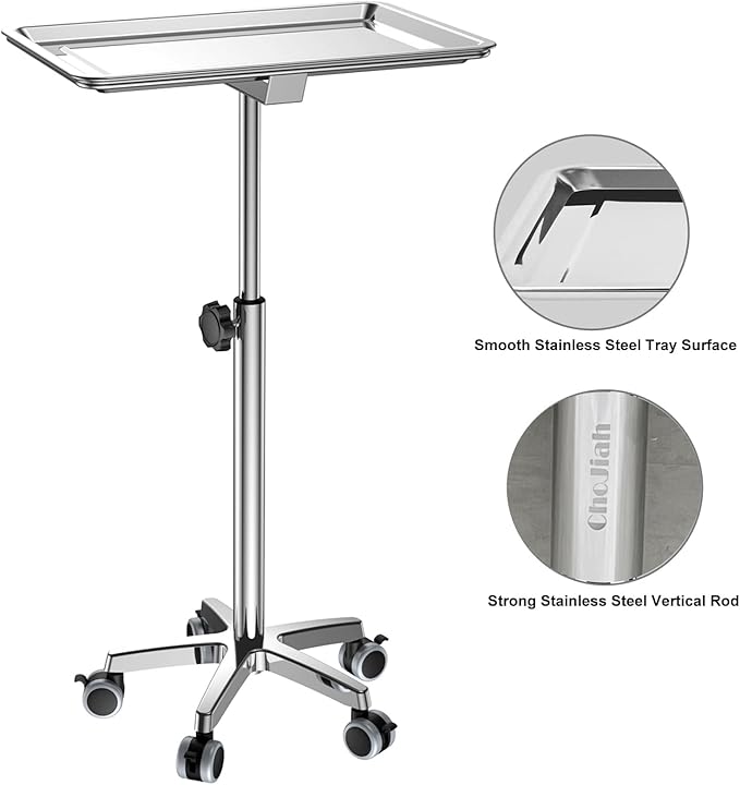 ChoJiah Extra Large Mayo Stand Rolling Salon Tray on Wheels Hairstylist Tray Heavy Duty Tattoo Tray, Ideal Use for for Hair Salon Dental Hairstylist Cart