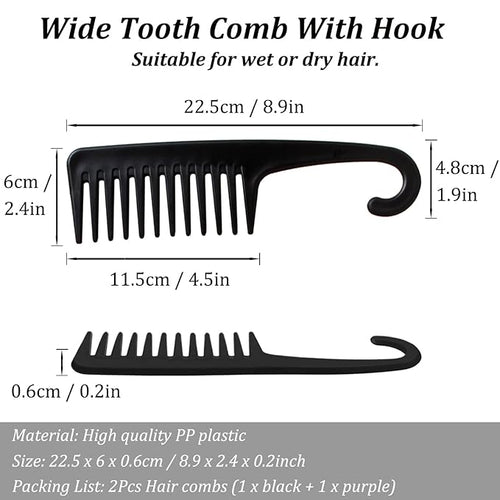 2PCS Large Wide Tooth Comb, Shower Combs with Hook for Wet Curly Hair, Premium Big Hair Brush Combs to Detangle Curls, Women Detangler Comb for Detangling Wigs, Styling Dry Thick Long Cabello