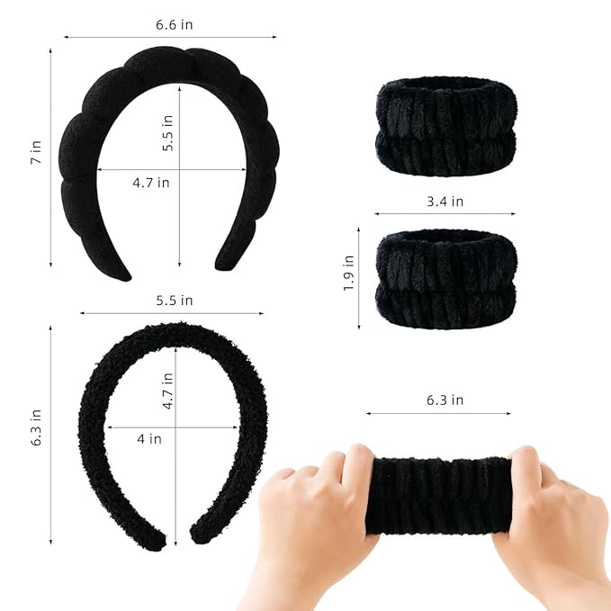 2Pcs Spa Headband for Washing Face & 1 Pairs Wristband Set Sponge Makeup Skincare Headband &Terry Cloth Bubble Soft Hairband for Women Girl Puffy Padded Headwear Non Slip Thick Hair Accessory (black)