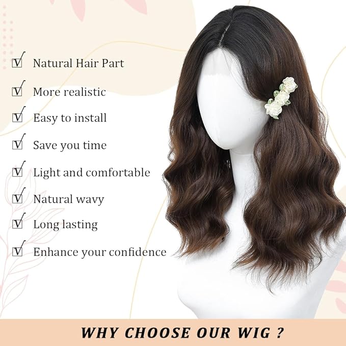 Ombre Brown Wig for Women, 18 Inch Middle Part Wavy Curly Wigs Synthetic Heat Resistant Soft deep wave Wig for Women Daily Use (Ombre Brown, 18 Inch)