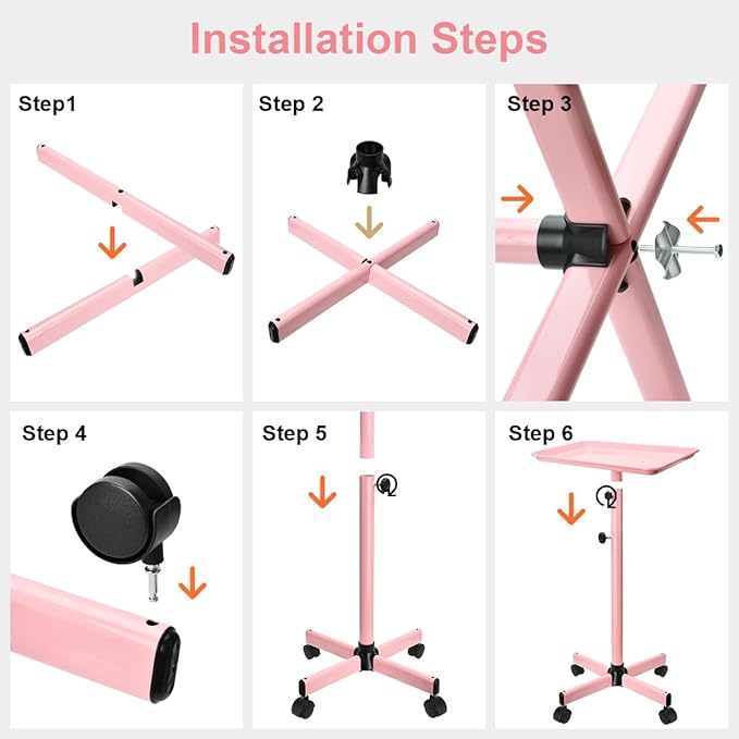 JOSTZHXIN Salon Tray, Height Adjustable Salon SPA Service Tray, Hairstylist Rolling Tray, Premium Aluminum Tattoo Tray, Pink Rolling Trolley