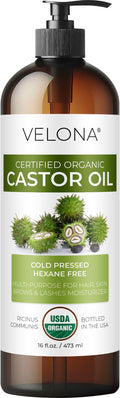 velona USDA Certified Organic Castor Oil - 16 fl oz (With Pump) | For Hair Growth, Boost Eyelashes, Eyebrows | Cold pressed, Natural Oil, USP Grade | Hexane Free, Lash Serum, Caster