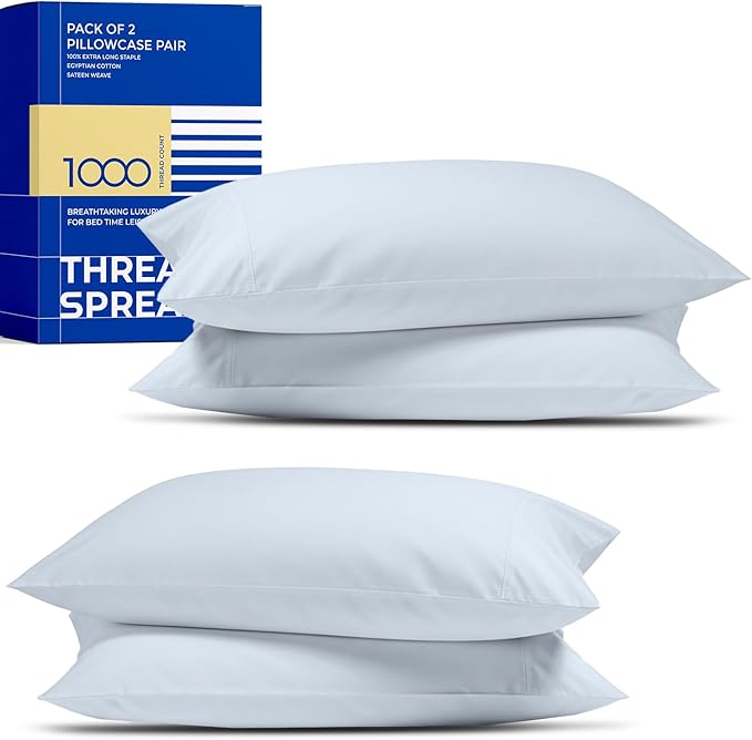 THREAD SPREAD 100% Egyptian Cotton Pillow Cases - High Thread Count Pillowcases Queen/Standard Size Pack of 2, Soft & Breathable Extra Long Staple Sateen Cotton Pillow Covers for Bed - Light Blue