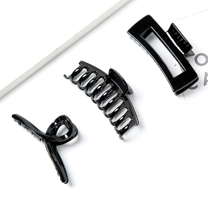 Black Claw Clips for Thick/Fine/Thin Hair,Strong holding teeth interlocking Women Large Jaw Clips neutral 3 Count In set basic hair accessories (black hair clips)