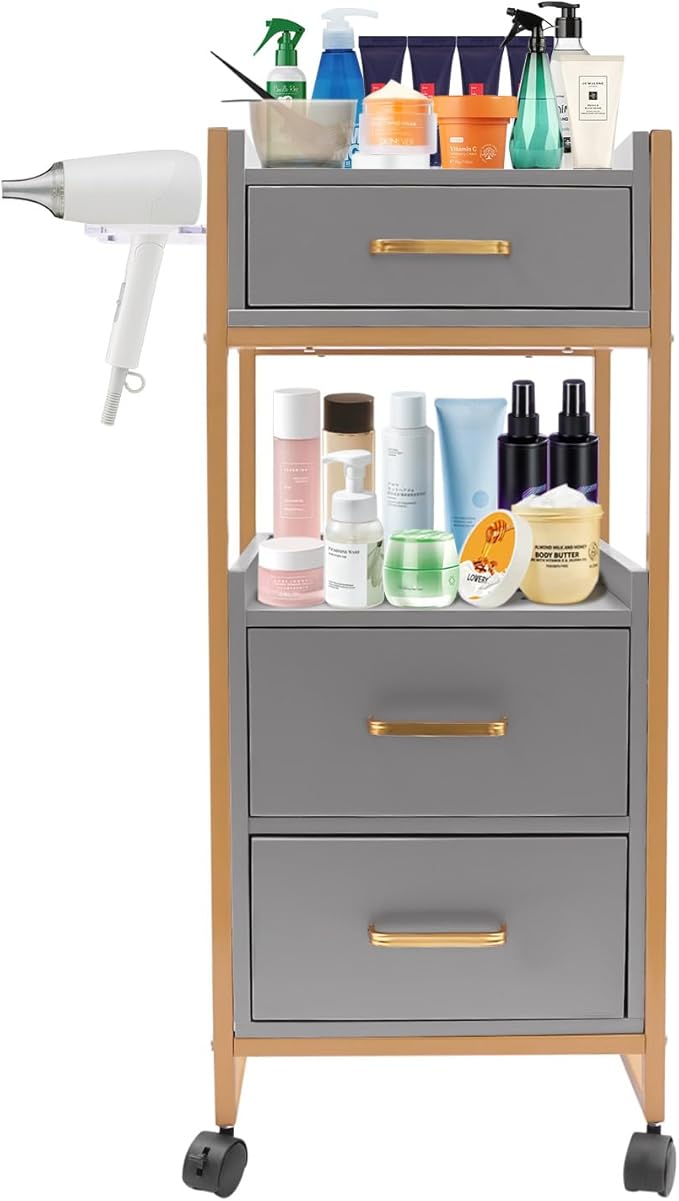 Salon Trolley with Wheels, 3 Drawers Salon Cart with Hair Dryer Holder Utility Salons Cabinet for Tools Storage at Barbershop Beauty Salons Tattoo Shop (Grey)
