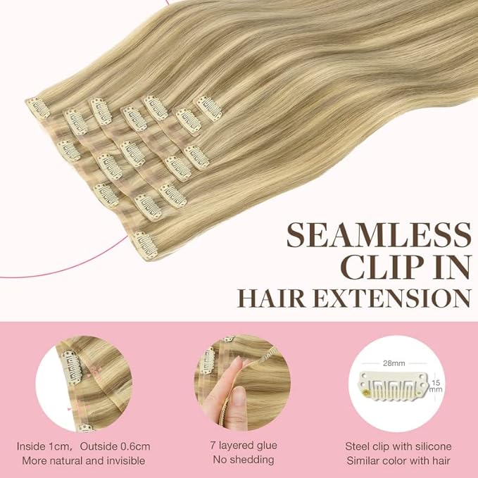 GOO GOO Clip in Hair Extensions Real Human Hair, Remy Human Hair Extensions Clip ins for Women, Natural Human Hair, 14inch 110g 7Pcs, 16/22 Light Blonde Highlighted Golden Blonde