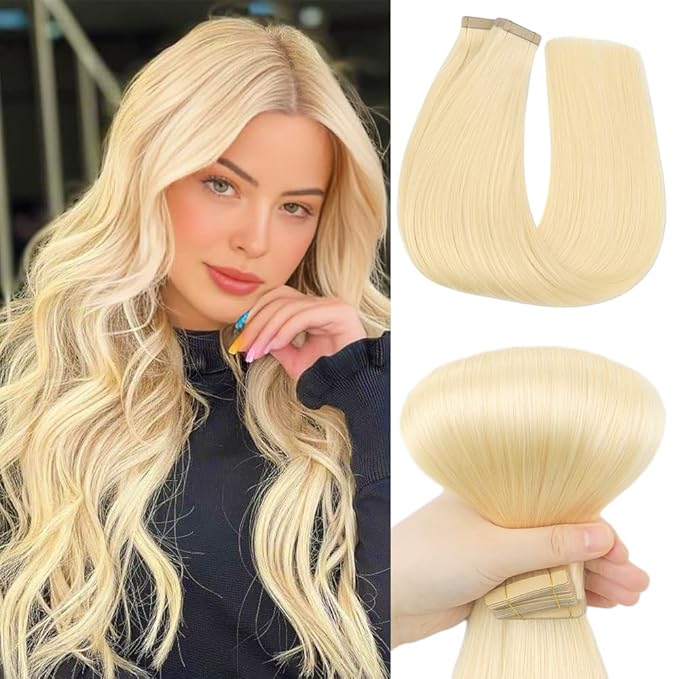 Tape in Hair Extensions Human Hair Blonde Invisible 16 Inch Tape in Human Hair Extensions 20pcs Natural Hair Invisible Platinum Blonde(60#,22 Inch)
