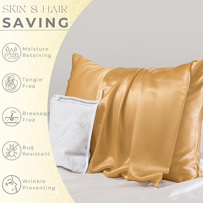 PROMEED 23 Momme Mulberry Silk Pillowcase for Hair and Skin - Both Sides Premium Natural Silk Pillow Case, Grade 6A+ Soft Cooling Pillow Cases, 1pc (Queen 20"x30", Gold)