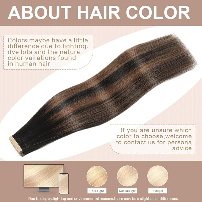 Tape in Hair Extensions Human Hair 16 Inch 20pcs Invisible Tape ins Hair Extensions Real Human Hair Natural Black Mixed Chestnut Brown Remy Seamless Injected Tape Extensions