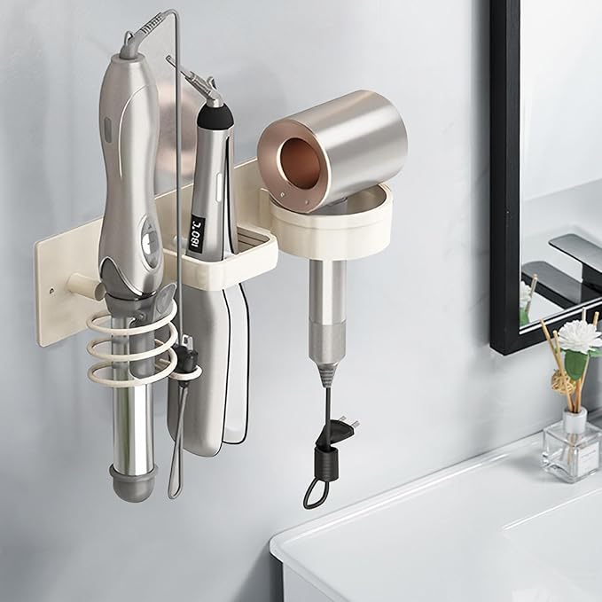 Hair Dryer Holder Wall Mounted,Blow Dryer, Curling Iron, Straightener Holder 3 in 1 Bathroom Metal Hair Tool Organizer Rack-White-1