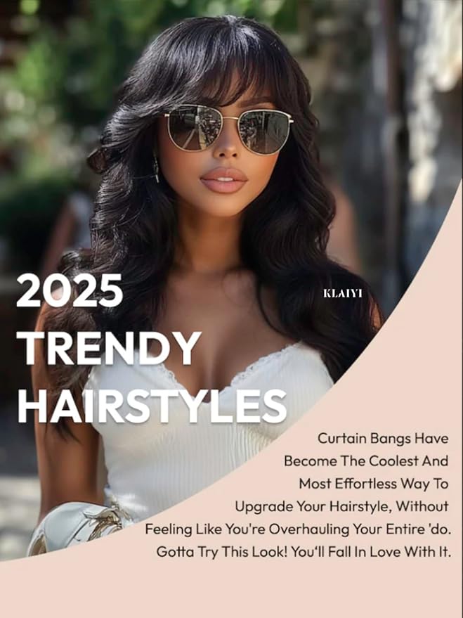 KLAIYI Fluffy Body Wave Curtain Bang Wig Bye Bye Knots Glueless Pre Cut 7x5 Lace Front Wigs Human Hair Loose Wave Pre Bleached Pre Plucked Pre Everything 3S Easy to Wear and Go Wig 180% Density 20Inch