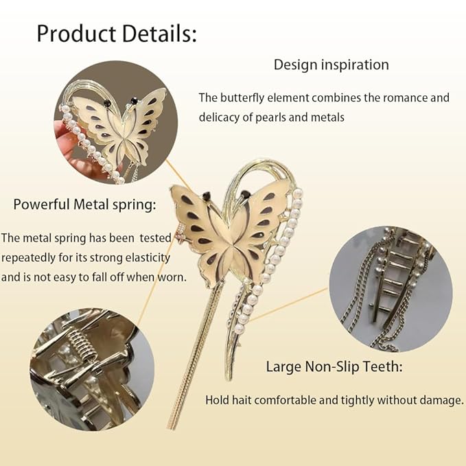 Gold Butterfly Hair Claw Clips Pearl Chain Tassel Rhinestone Butterfly Flower Hair Clips Tassel Nonslip Clamps Hair Accessories for Women and girl.Claw Clips for Thick hair