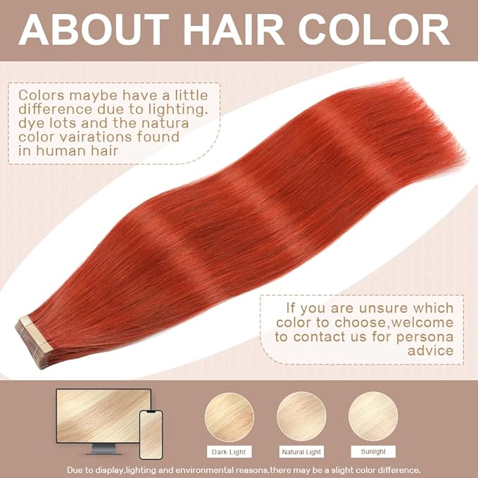 Human Hair Tape in Extensions Copper Red 20 Inch Invisible Tape in Hair Extensions Human Hair for Women Hair Extensions Real Human Hair Tape in