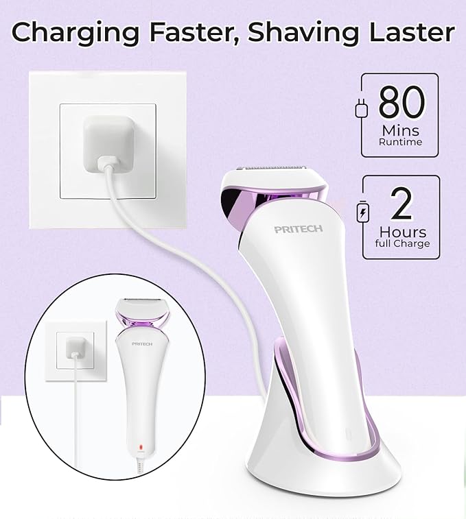PRITECH Electric Shaver for Women - Cordless Razor for Women Portable Lady Shaver for Legs, Arm, Underarms, Bikini, USB Rechargeable, Wet & Dry Waterproof Bikini Trimmer for Woman, Purple
