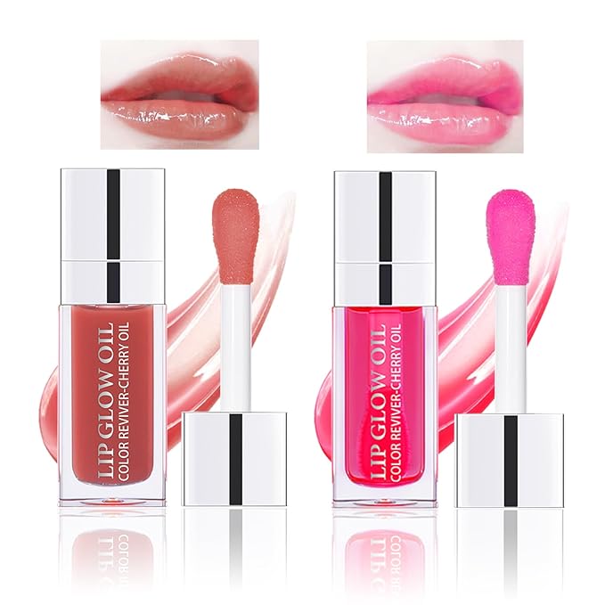 2PCS Lip Oil Set, Hydrating Lip Glow Oil Lip Plumper Gloss, Tinted Lip Oils Transparent Long Lasting Non-sticky Lip Gloss, Plumping Lip Gloss Lip Care Kit (Rosewood & Cherry)