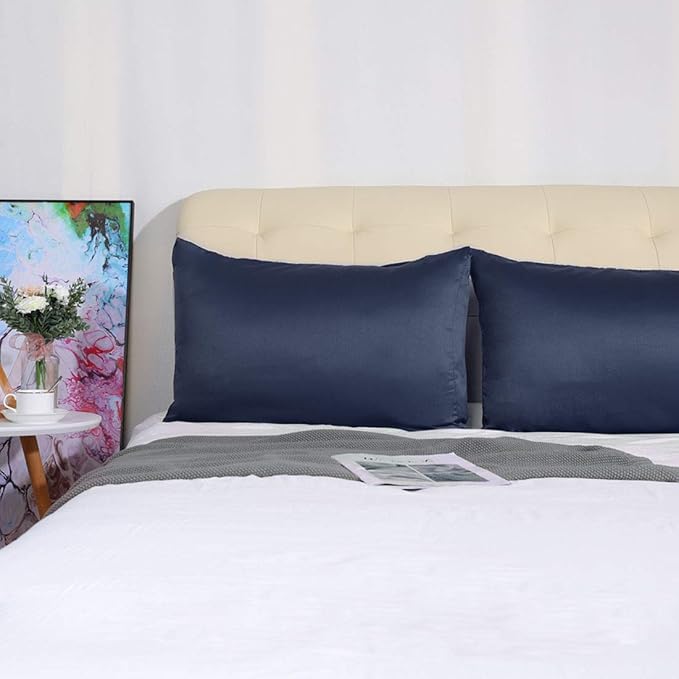uxcell 2 Pack Silk Satin Pillowcase for Hair and Skin, Cool, Silky, Soft Breathable Pillow Cases Queen Size 20x30 Inch Sateen Pillowcase Navy with Envelope Closure