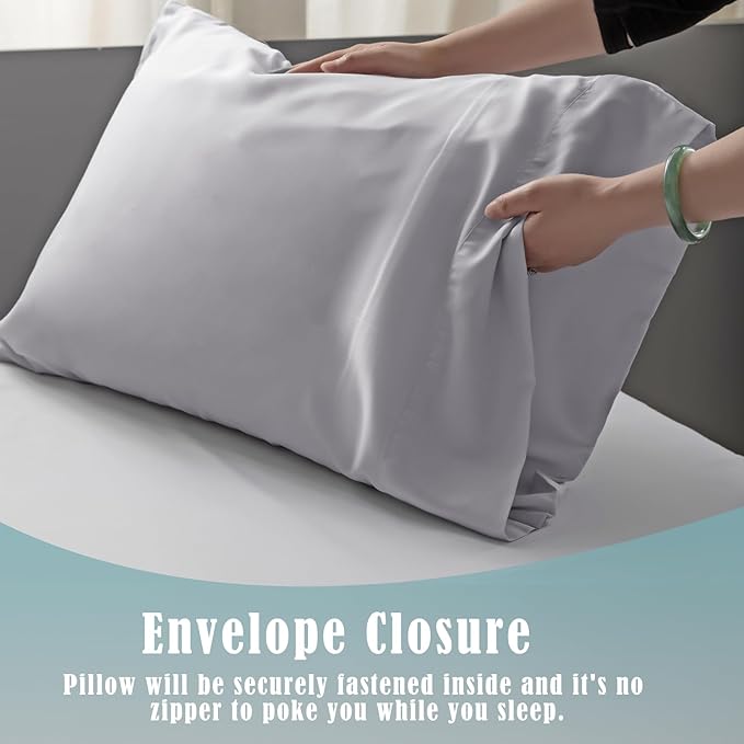 TELUS Pillow Cases Standard Size 2 Pack, Bamboo Rayon & Lyocell Pillowcase with Envelope Closure, Cooling Breathable Pillow Cover for Hot Sleeper & Night Sweats, 20x26 inch, Light Grey