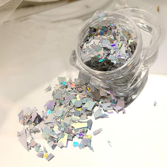 Aurora Laser Silver Glitter for Nails Sparkly Irregular Chunky Glitter Sequin Nail Charms for Nails Design Nail Glitter Flakes Holographic Iridescent Glitter Nail Sequins for Crafts Nail Art Supplies