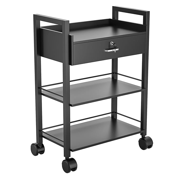 Salon Beauty Cabinet Cart Trolley 2-Layer Rolling Storage Drawer Organizer Wheels Lockable Tool Salon Station Barber Stylist Equipment Makeup Spa Cart (Black-3 Layer)
