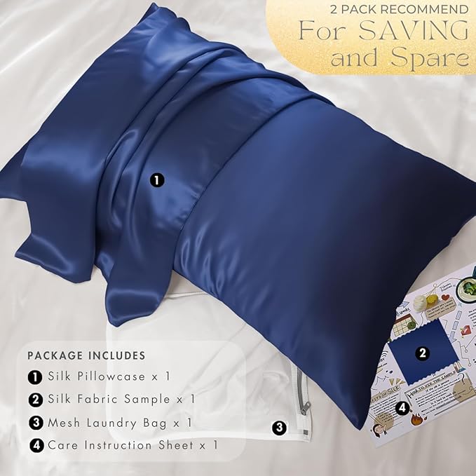 PROMEED 100% Mulberry Silk Pillowcase for Hair and Skin - Allergen Resistant Both Sides 23 Momme 1400 TC Silk Bed Pillow Cases with Hidden Zipper, 1PC (Standard 20"x26", Navy)