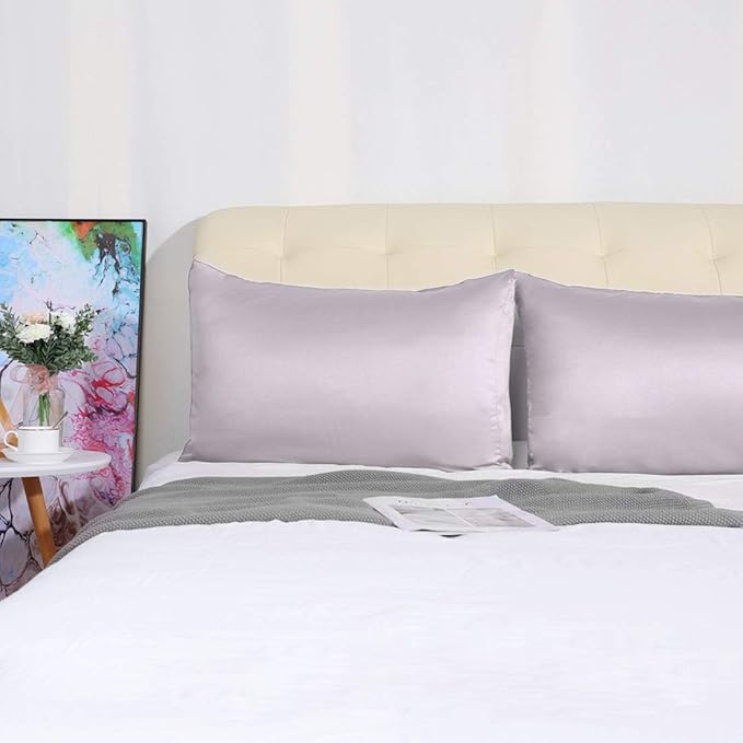uxcell 2 Pack Silk Satin Pillowcase for Hair and Skin, Cool, Silky, Soft Breathable Pillow Cases King Size 20x36 Inch Sateen Pillowcase Lavender Gray with Envelope Closure