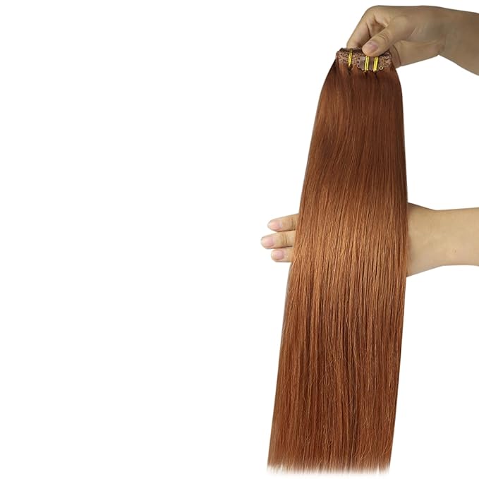 YoungSee Clip in Human Hair Extensions Copper Clip ins Hair Extensions Human Hair Light Copper Clip in Hair Extension Real Human Hair Ease of Use 16Inch 120g 7pcs