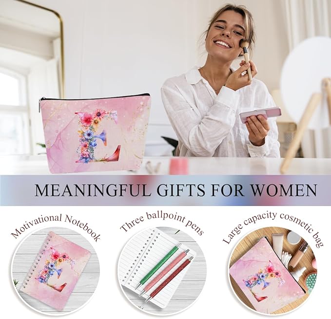 Personalized Gifts Monogrammed Birthday Gifts for Women, Daughter Bestie Friendship Christmas Initial 20 oz Tumbler, Makeup Bag Cup Ballpoint Pens Journal Notebook 6 Set, (Aesthetic Pink Flower E)