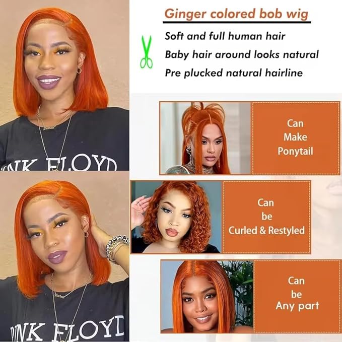 250% Density Ginger Bob Wig Human Hair 13x4 HD Lace Closure Wig Orange Bob Human Hair Wig with Baby Hair Short Straight Bob Colored Wig for Women 10 Inch