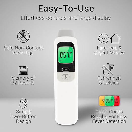 Vive No-Touch Forehead Thermometer - No Contact Infrared Digital Thermometer for Adults, Kids, Babies, & Objects - Touchless, Accurate Temporal Fever Sensor - Fast, Memory Recall, Large Display