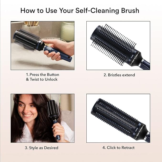 Detangler Brush for Women - Curly Hair Blow Dryer Round Brush for Blow Out - Self Cleaning Roller Retractable Travel Hairbrush - Navy Blue Christmas Gifts
