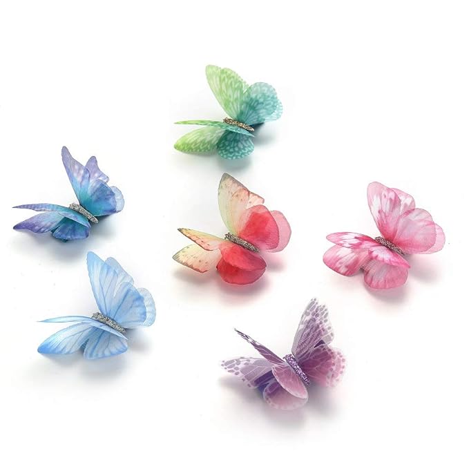 6Pcs/pack 3D Colorful Organza Butterfly Hair Clips - Chiffon Fairy Wings - Ribbon Wrapped Clips 0.4Inch Barrettes Hair Accessories For Women(Multicolor)