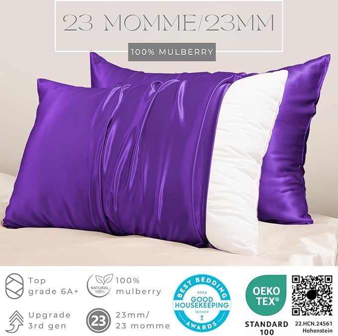 PROMEED 23 Momme Kids Silk Pillowcase 2 Pack with Laundry Bag, Natural Grade 6A+ Mulberry Silk Travel Toddler Pillow Case Set of 2, Zipper (Toddler/Travel 13"x18", Purple)
