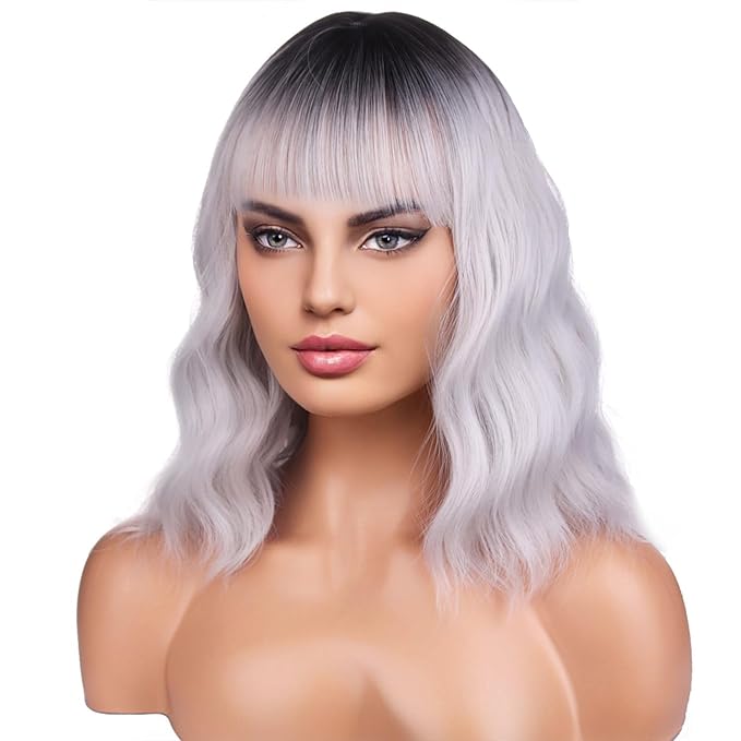 BERON 14 Inches Silver Wig for Women Silver Gray Wig Short Curly Synthetic Wigs with Bangs Ombre Grey Wigs Hairnet Include
