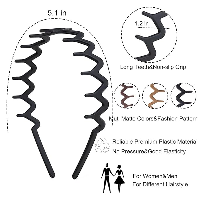 6 PCS Zig Zag Headbands Plastic Wavy Hair Head Band Comb with Teeth Hoop Accessories for Women Men Girls, Matte Morandi
