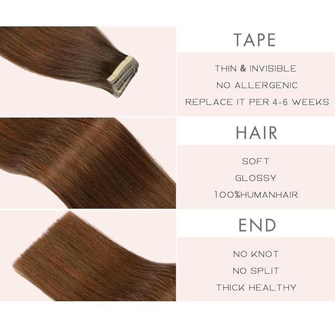 Human Hair Tape in Extensions Chestnut Brown Mixed Dark Auburn 22 Inch 20pcs Seamless Skin Weft Tape in Hair Extensions Double Sided Invisible Tape in Hair Extensions Human Hair (4/4/33#,22 Inch)