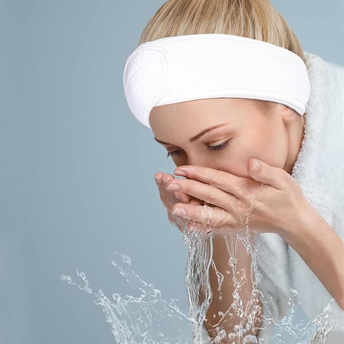 Facial Spa Headbands 4 PCS, Makeup Shower Bath Wrap Sport Headband Terry Cloth Stretch Towel with Magic Tape (White)