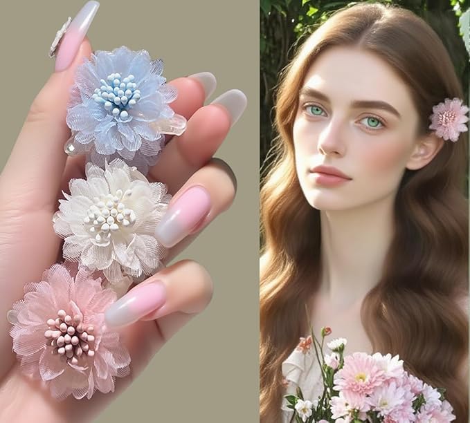 13PCS Mixed Floral Hair Clip Set - 3 Camellia Claws (Pink/Blue/White), 2 Pink-Green Tulle Clips, 6 Flower Barrettes (Heart/Star), 2 Pearl Mesh Clips, Claw Clip Accessories For women/girls