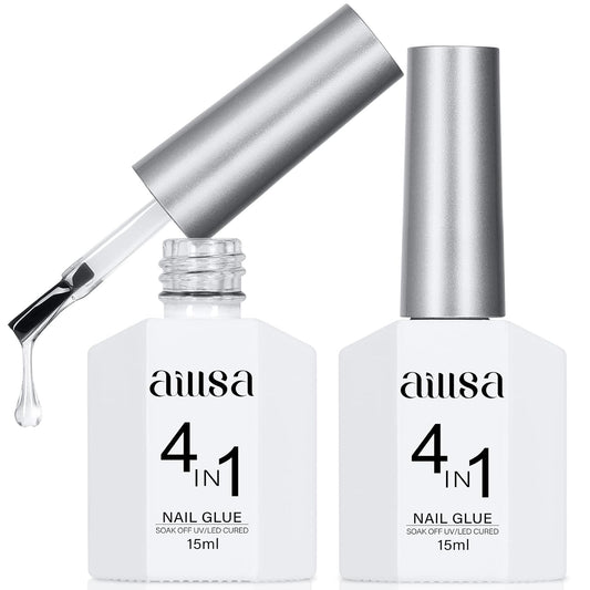 AILLSA 2PCS Gel Nail Glue for Acrylic Nails, 4 in 1 Super Strong Adhesive for False Tips, UV Curing Needed, 15ml High Capacity Extension Brush On for Rhinestone Pearl Foil