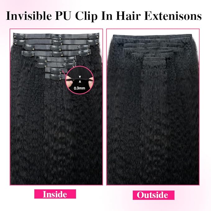 Invisi Edge Clip In Hair Extensions Human Hair 2 Pack 240g 16pcs Kinky Straight Invisible Clip Ins For Women Full Head Injected Clip Ins Remy Human Hair Extensions Natural Color 20inch