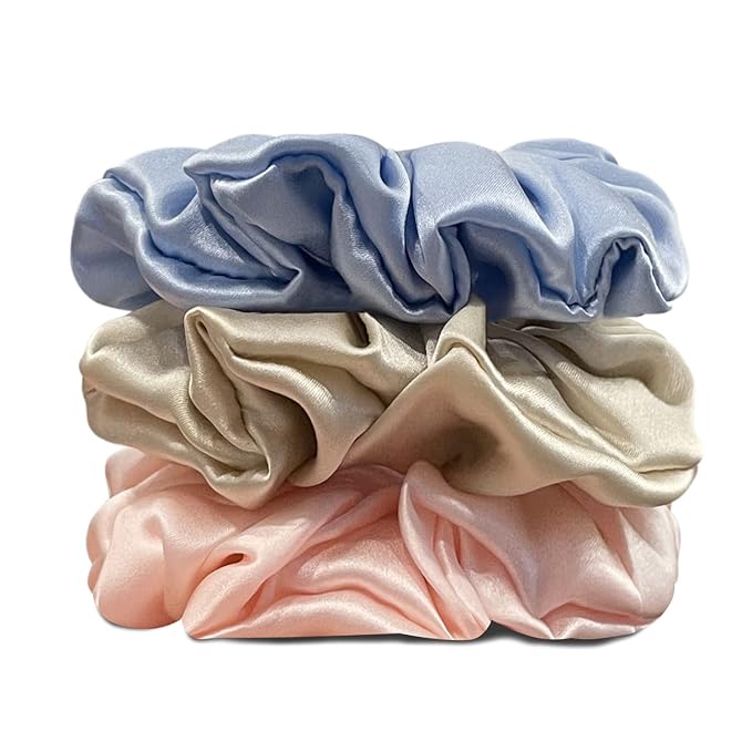 Suncdelv Silk,100% Silk Scrunchies for Hair,22 Momme Hair Ties for Anti-Crease & Breakage,Natural Women Hair Accessories，Fashion Hairbands 3PCS(Pink,Blue,Khaki）