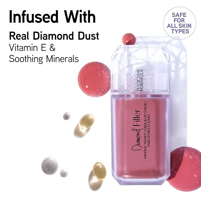 Physicians Formula Mineral Wear®Diamond Filler Cheek & Lip Color, Serum-to-Cream Multi-Use Liquid Blush Formula, Plumps & Smooths for Fuller Looking Cheeks & Lips, Monochromatic Look - Brilliant Peach