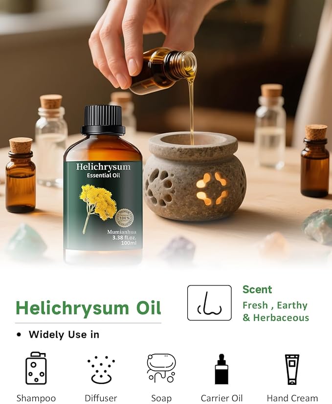 Helichrysum Essential Oil Pure, Mumianhua Natural Helichrysum Oil for Reed Diffusers, Home Humidifiers, Skin, Hair, Massage, DIY, Self-Care, Aromatherapy, Soap, Candle Making 3.38 Fl oz