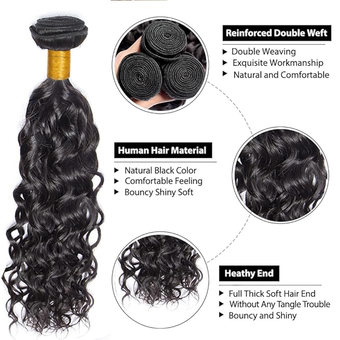 Color 1B Bundles Human Hair Natural Black Water Wave Bundles 20 22 24 Inch Double Weft Color 1B Wet and Wavy Bundle Niegmeag Virgin Soft and Silky Remy Hair Extensions