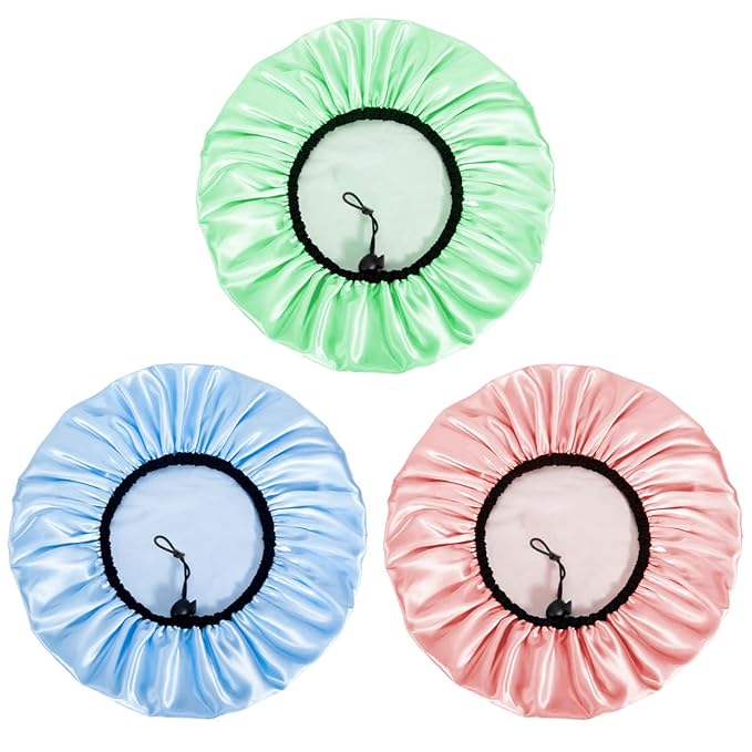 Auban Shower Cap for Women, Adjustable Reusable, Extra Large, Double-Layer Waterproof Bathing cap, Waterproof Exterior, EVA Lining, Hair Cap for All Hair Lengths, 3 Colors