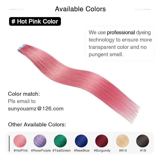 SUYYA Tape in Hair Extensions - Human Hair, Hot Pink, 18 Inch, 10PCS/Pack, Straight, 25g