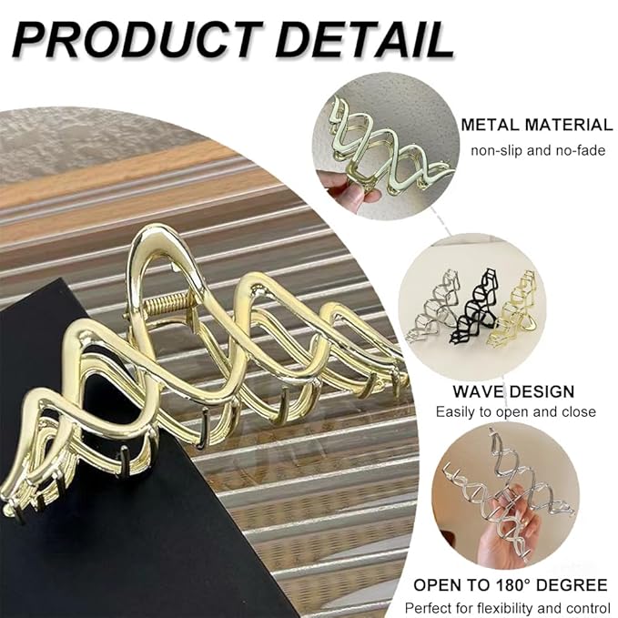 1 Pack Metal Gold Hair Claw Clips for Women French Y2k Wave Shape Hair Clips Strong Hold Big Jaw Clips Exquisite Irregular Wavy Hairpins Clamp Clip for Women Hair Accessories Wedding Daily Decor