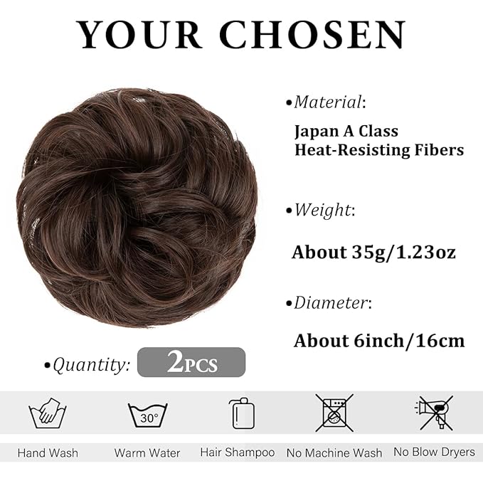 SARLA 2PCS Messy Hair Bun Hair Pieces Wavy Curly Synthetic Updo Fake Scrunchies Ponytail Extension for Women Dark Chocolate
