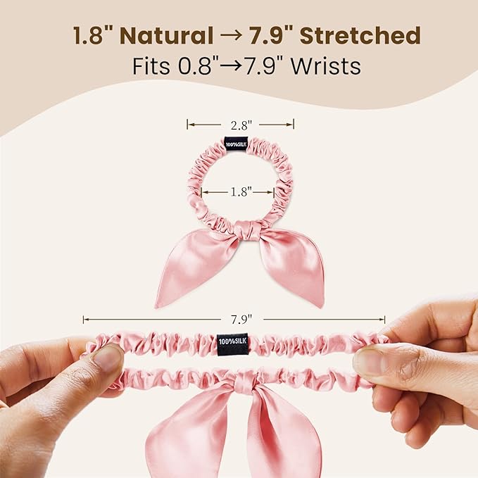 THXSILK 100% Mulberry Silk Bow Scrunchies 3-Pack, 22 Momme Mulberry Silk Hair Ties for Women, Cute Bunny Ear No Damage Ponytail Holders, Fashion Hair Accessories for Girls(S, Charming Pink)