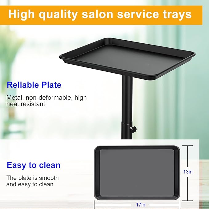 Salon Tray on Wheels- Adjustable Salon Service Rolling Tray Suitable for Mayo Stand,Tattoo Tray and Dentist Tray(Black)