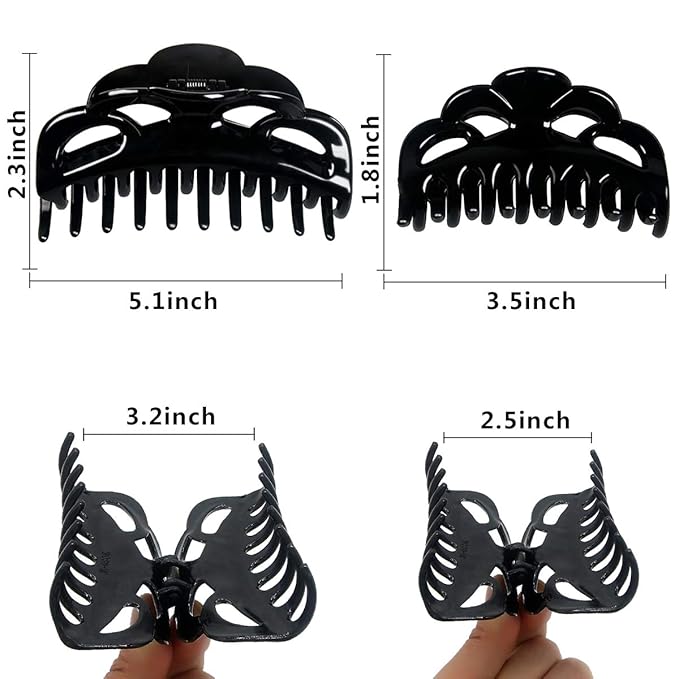 Solid Black Claw Clips for Women Large and Medium Size Neutral Butterfly Hair Clips Basic Non-Slip Hair Styling Accessories 2pcs in Set(Arc-Black)